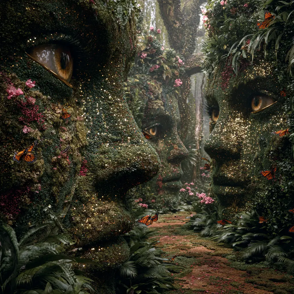 Surreal garden maze with living topiary faces and eyes