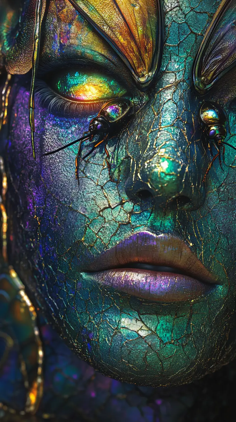 Surreal abstract face with iridescent beetles and glowing light