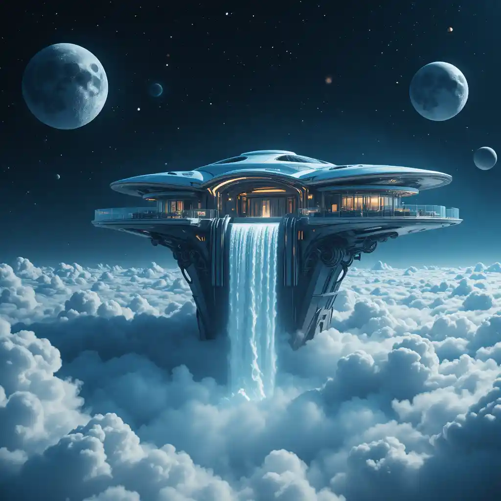 Casa futuristica che fluttua tra le nuvole sopra lo spazio profondo
