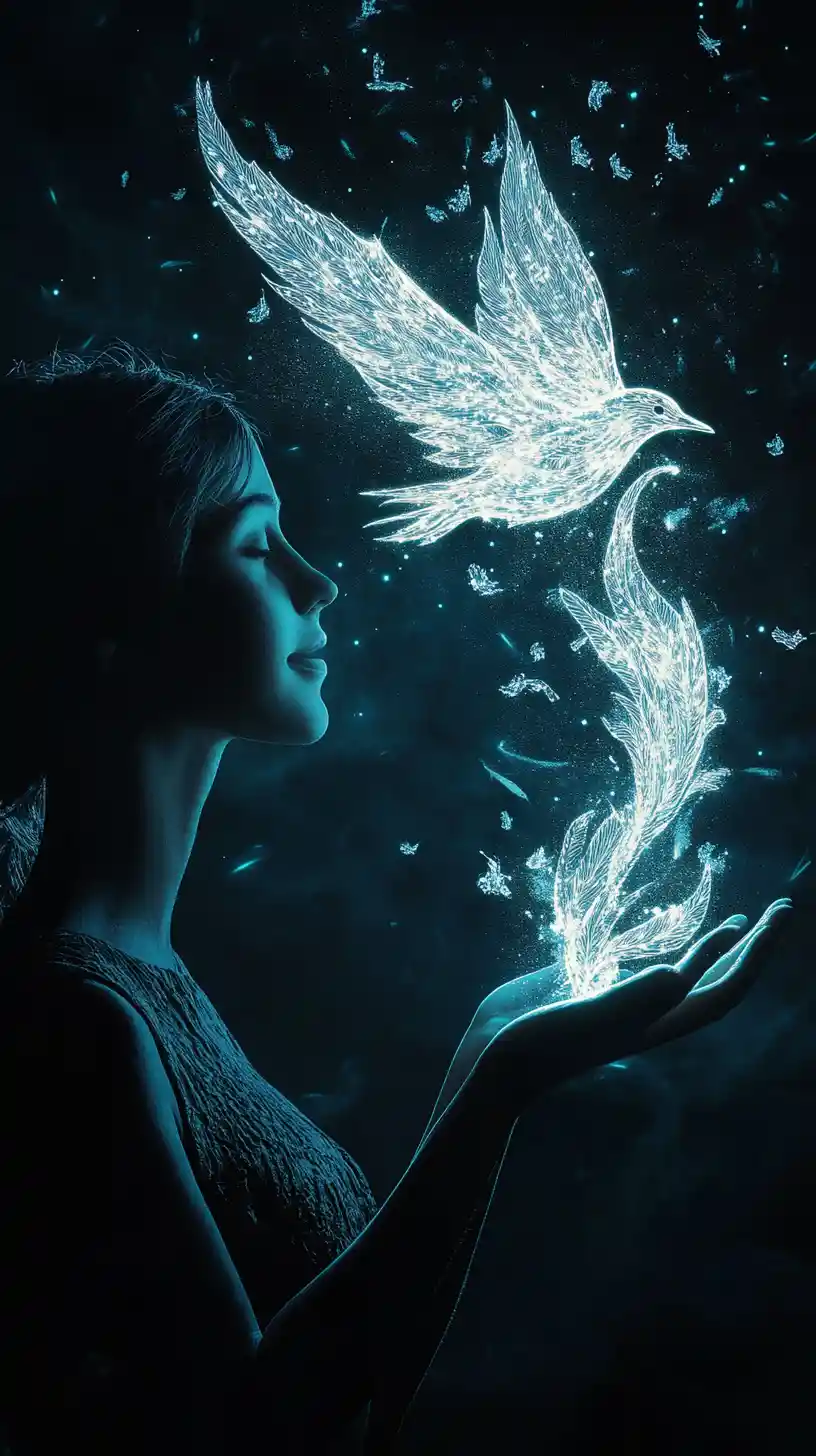Glowing woman silhouette releasing a luminous bird of light