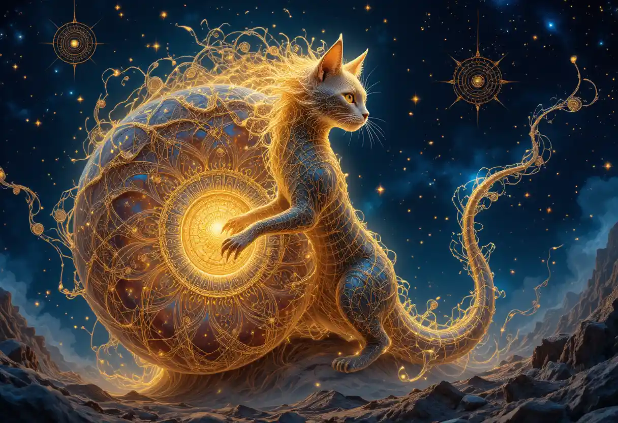 Mystical Serpentine Cat Emerging From Glowing Nautilus Shell