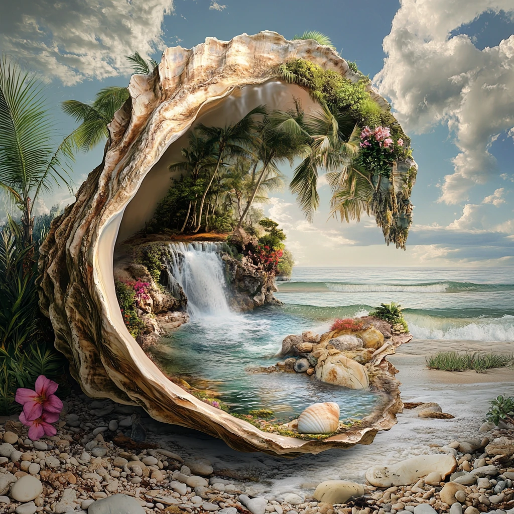 Surreal oyster shell jungle rising from a tranquil sea