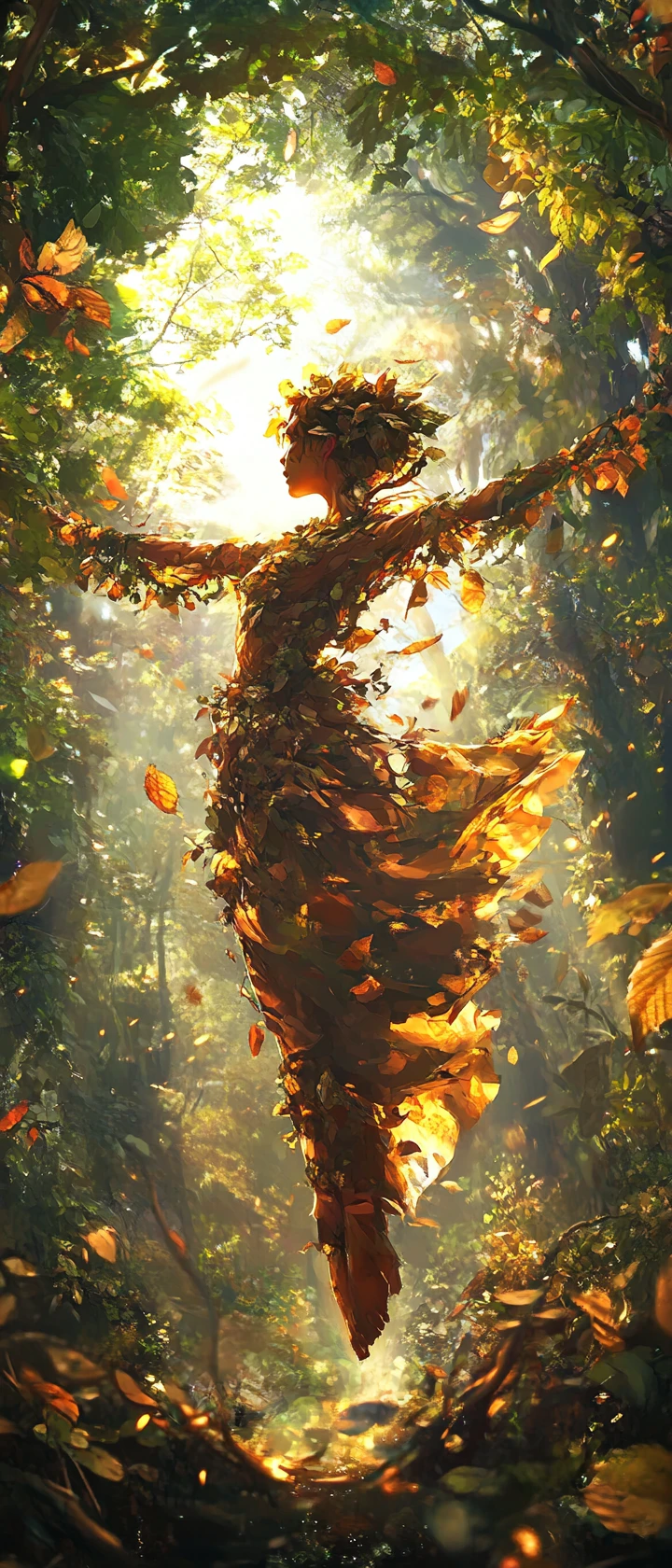 Dancer camouflaged among leaves in a dreamlike forest