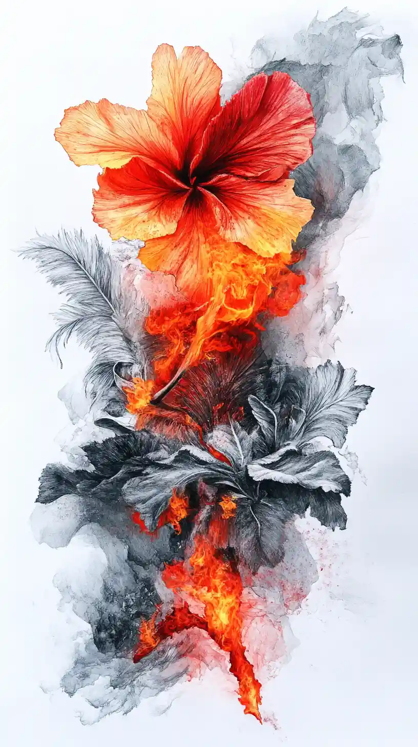 Dramatic fire and ice collage forming a single flower