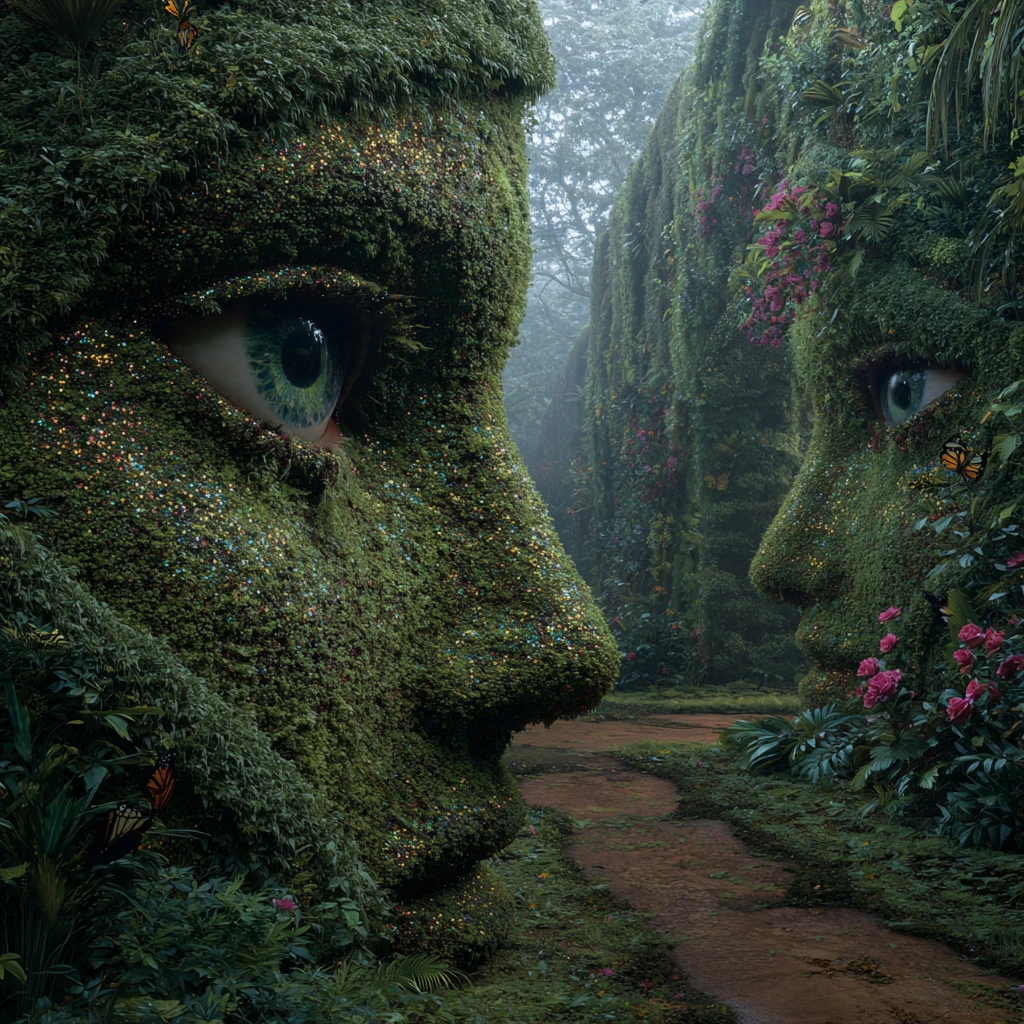 Surreal garden maze of living topiary faces and eyes