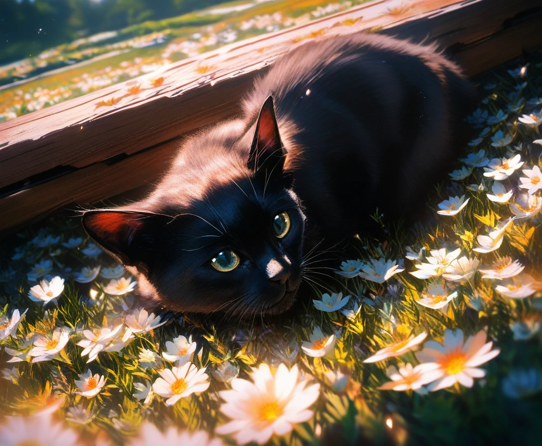 Black kitten resting on a wooden bench in spring flowers
