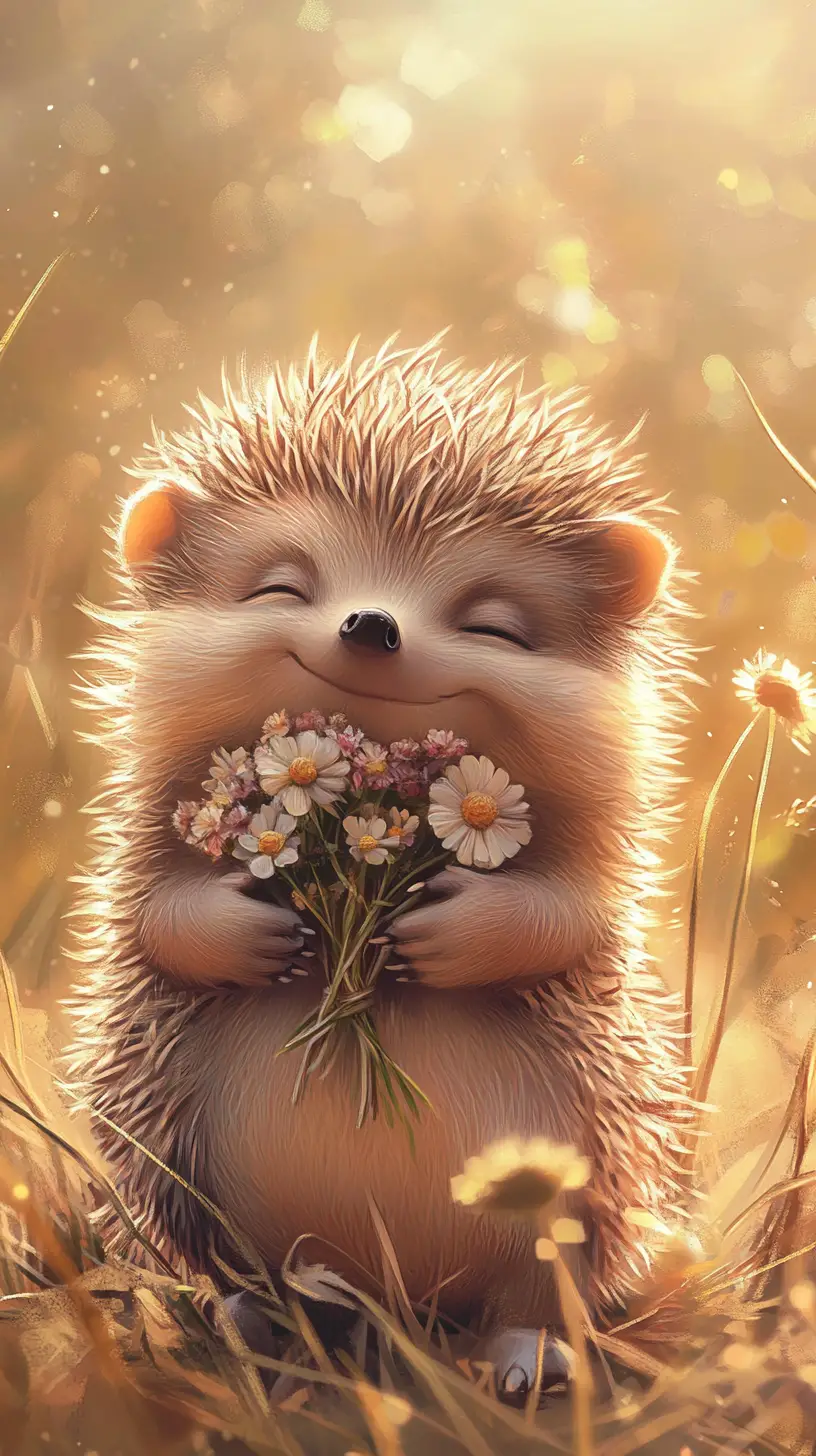 Cute baby hedgehog holding flowers in warm sunlight illustration