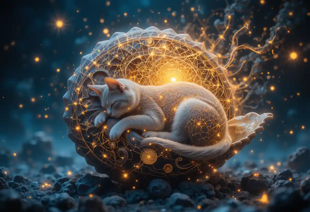 Sleeping cat fused with nautilus shell in sacred geometry