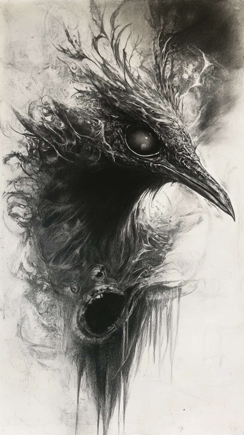 Surreal portrait of a mystical bird like creature dissolving