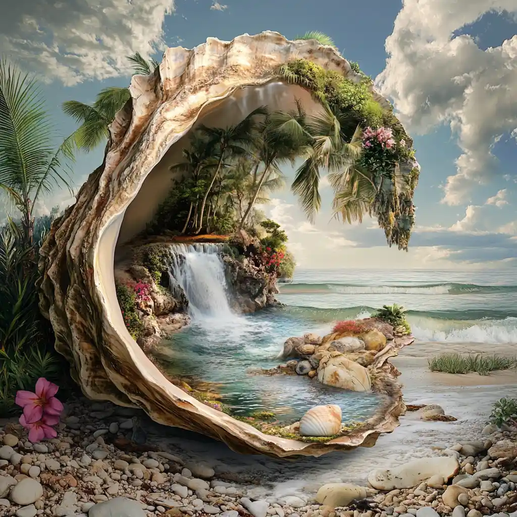 Surrealer Austernschalen-Dschungel, der aus einem ruhigen Meer emporragt