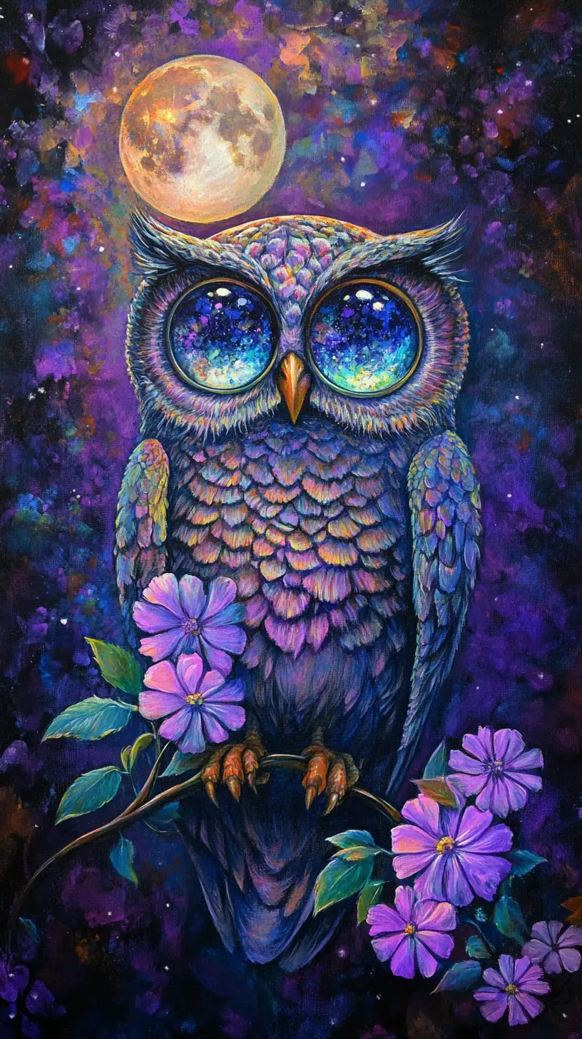 Round owl with glowing eyes holding delicate moonflowers