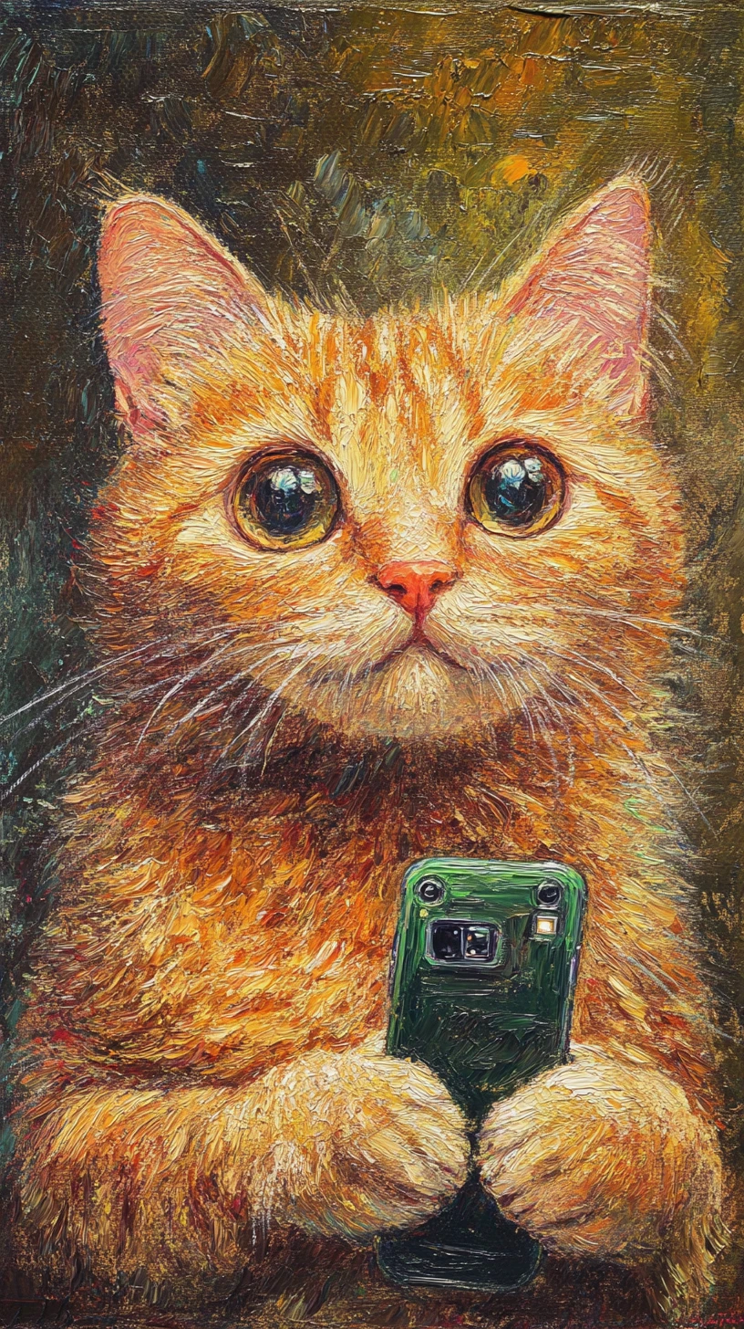 Pintura al óleo de un gato sorprendido sosteniendo un smartphone