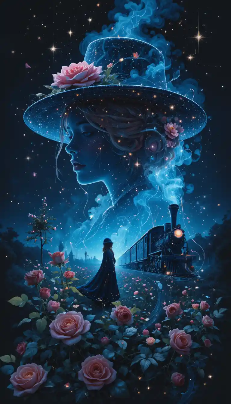 Double exposure girl with neon glow and roses