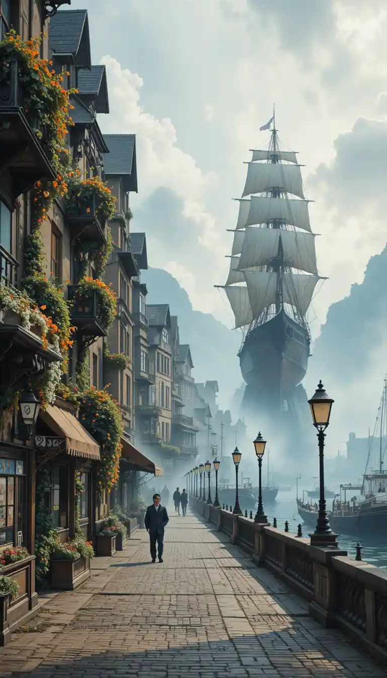 Steampunk city waterfront with sailing ship in soft fog