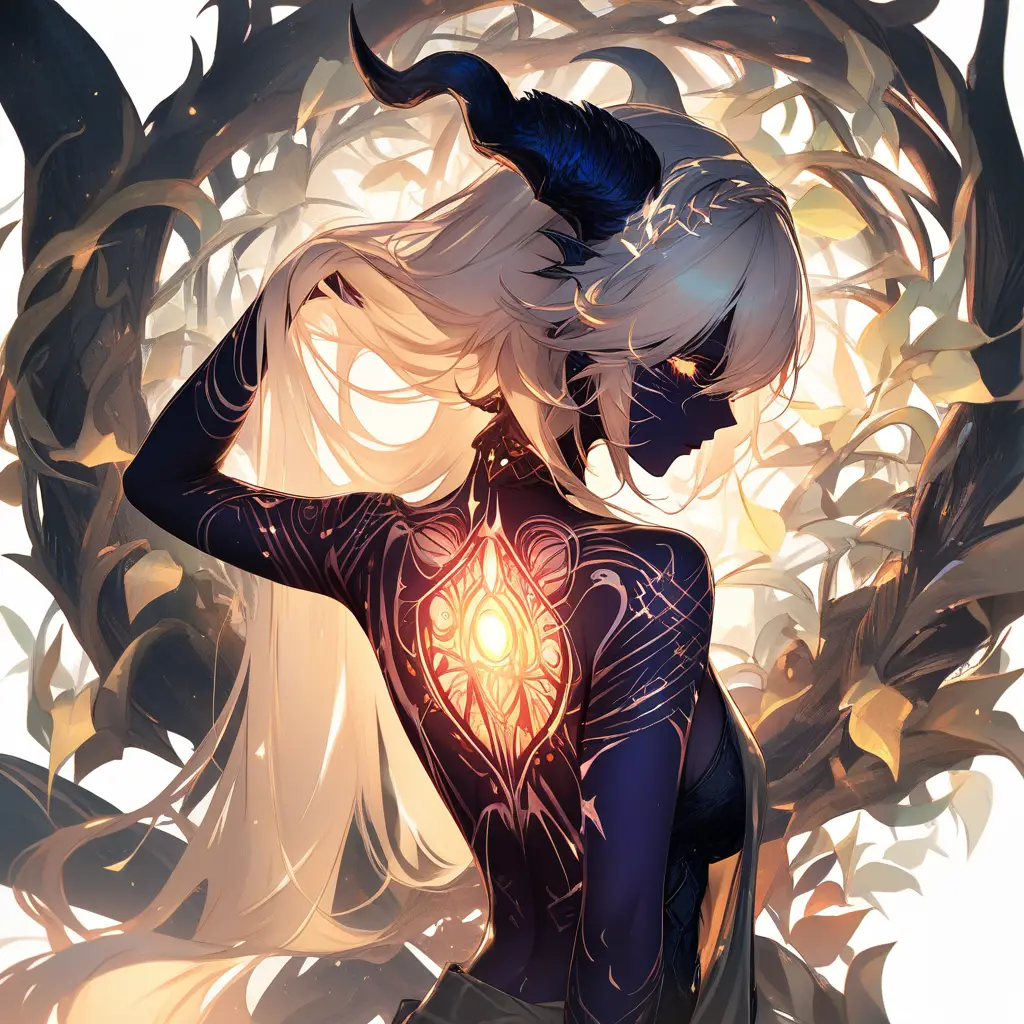 Tiefling woman displaying ornate back tattoo in misty light