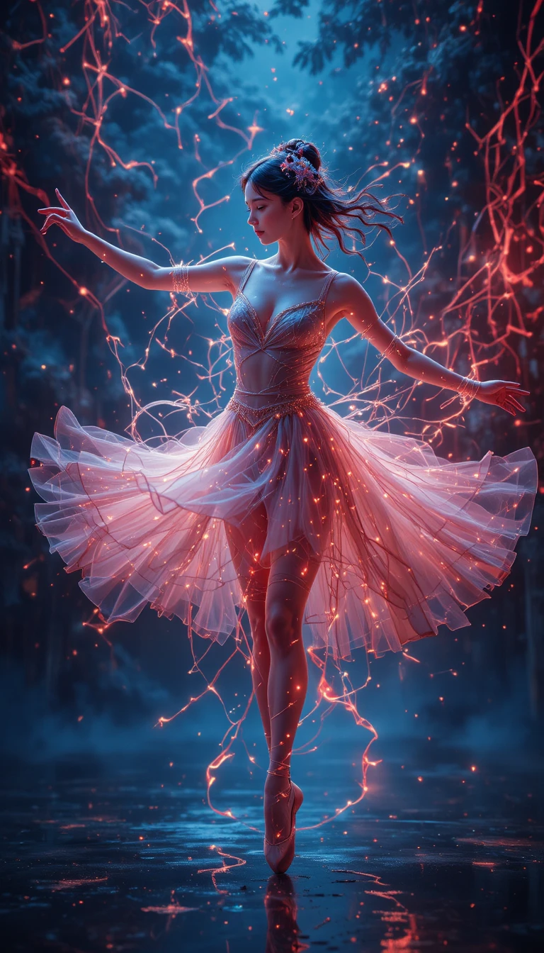Graceful ballerina dancing amid flowing light trails of time