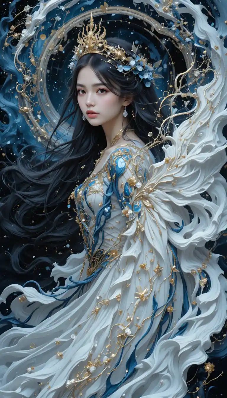 Lunar princess girl floating in a cosmic fantasy universe