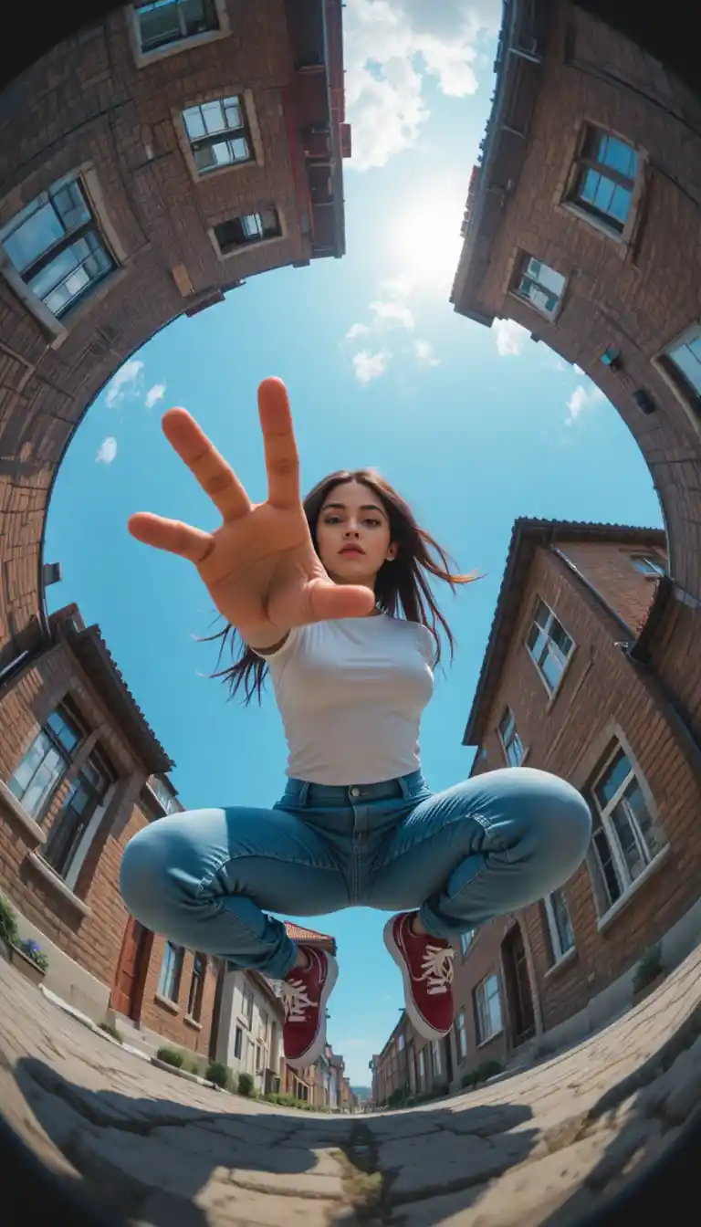 Indian woman leaping toward camera between brick city buildings