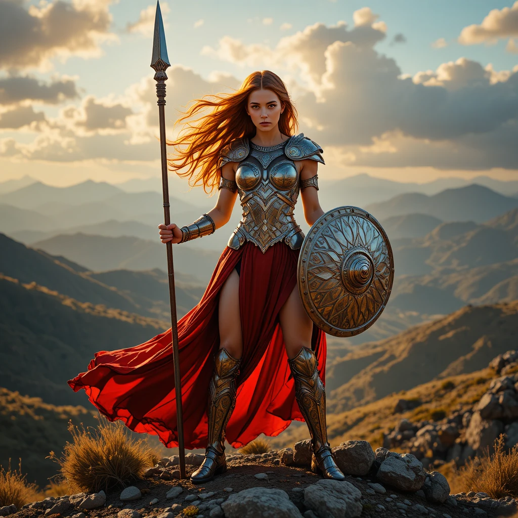 Warrior woman on sunlit mountain peak with spear and shield