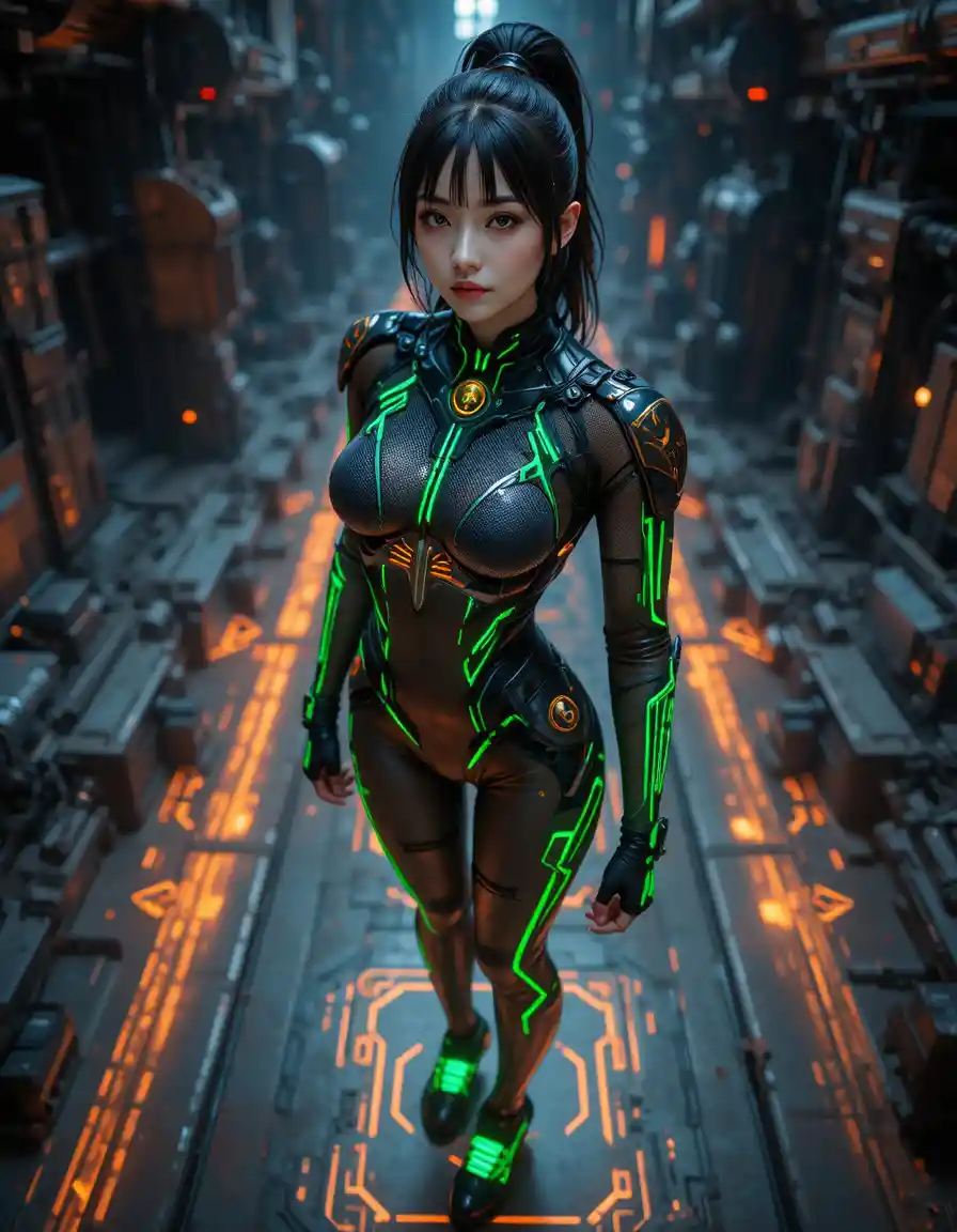Futuristic warrior woman in glowing nano suit portrait