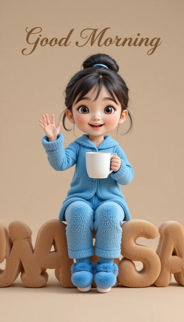 Cute 3D girl sitting on plush Tuesday letters