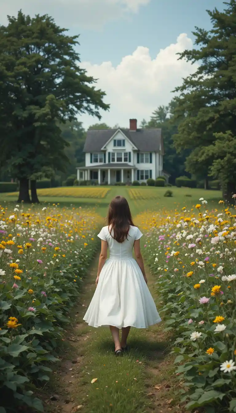 Girl in white dress walking toward distant country house