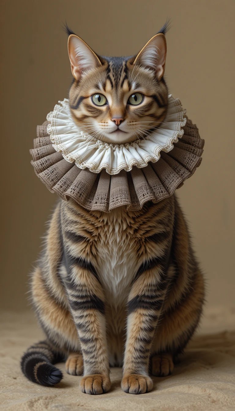 Cat wearing multiple historical ruff collars on its body