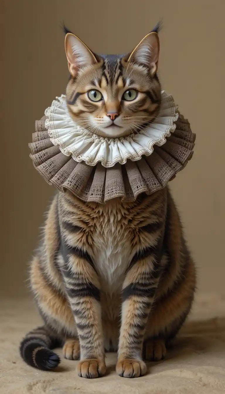 Cat wearing multiple historical ruff collars on its body