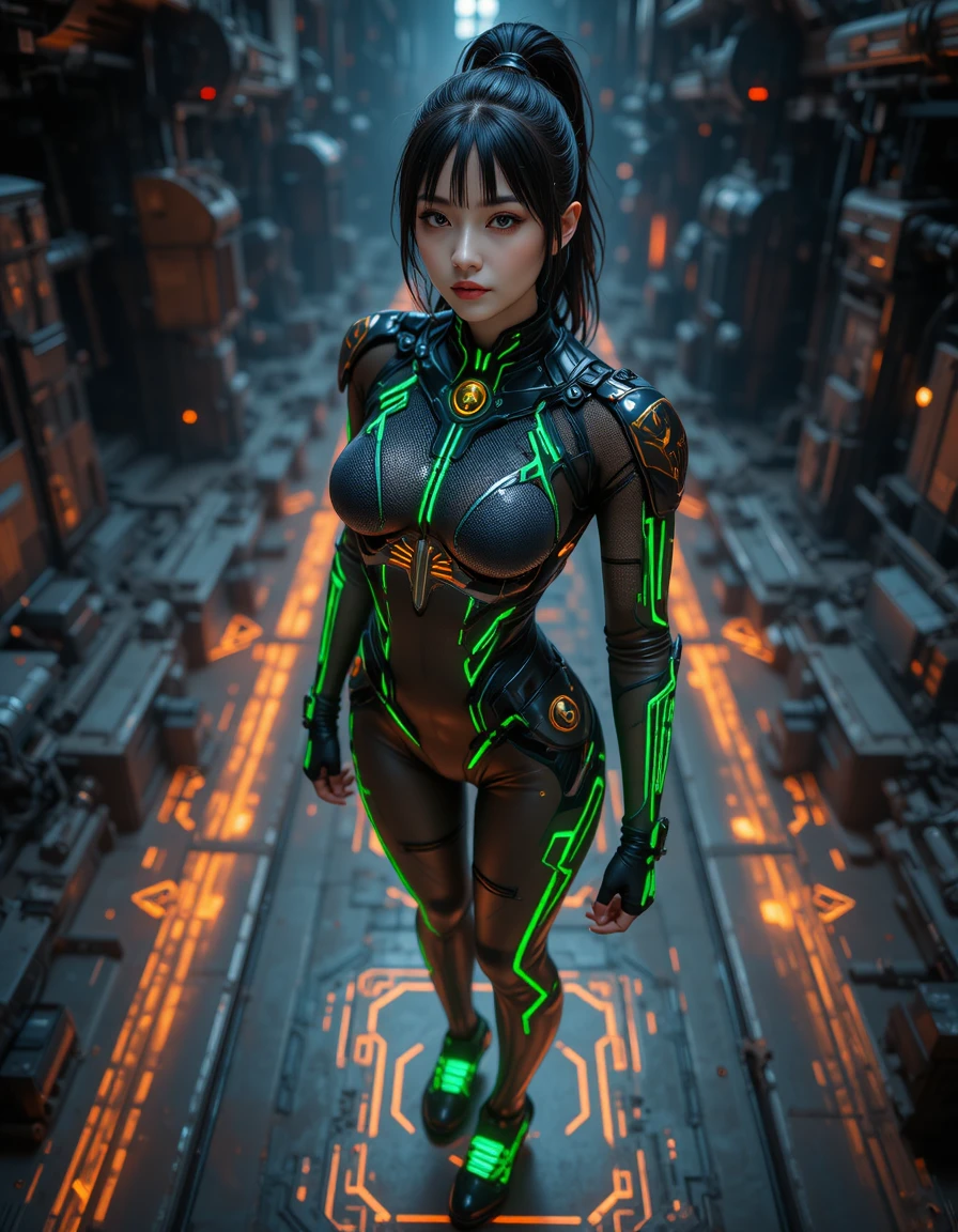 Futuristic warrior woman in glowing nano suit portrait