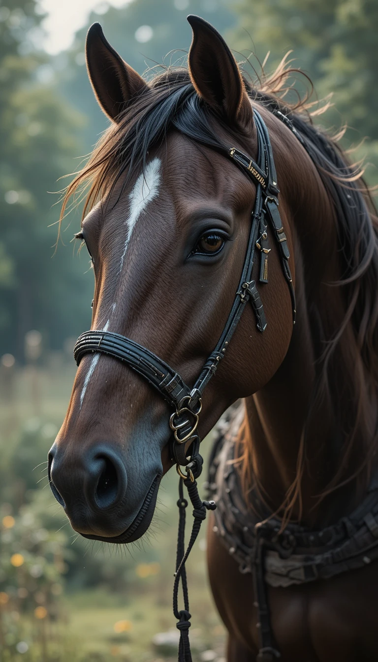 Horse moving freely with calm attentive presence outdoors