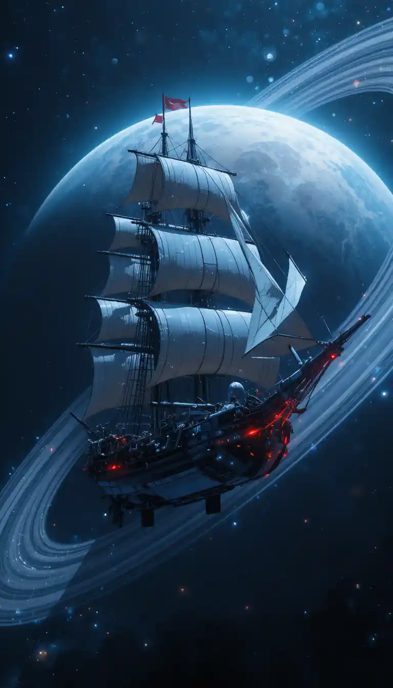 Futuristic cyber sail frigate near the rings of Saturn