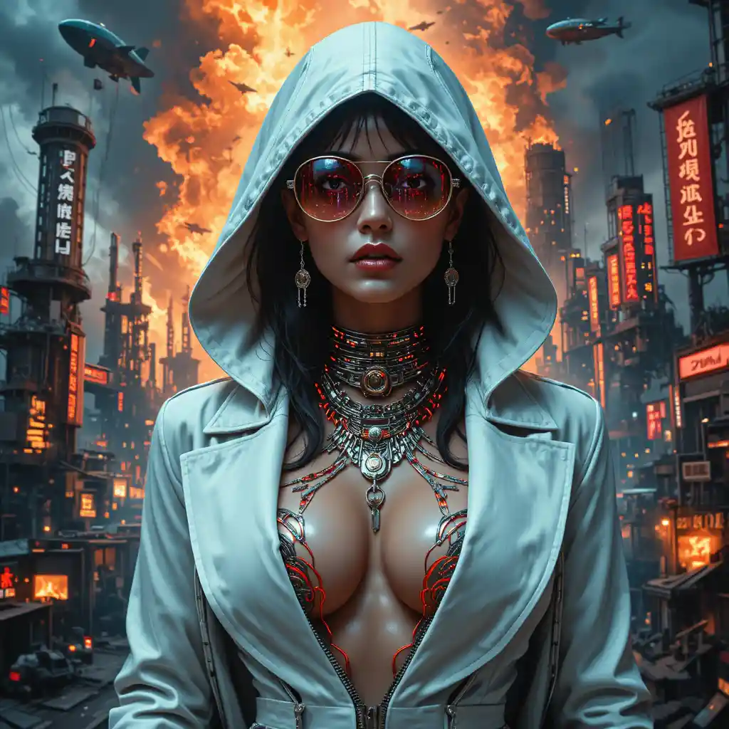 Cyberpunk femme fatale portrait with neon circuitry tattoos