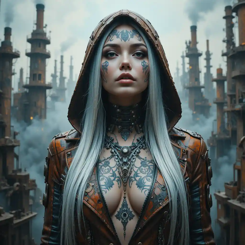 Cybernetic woman before a vast steampunk mechanical city