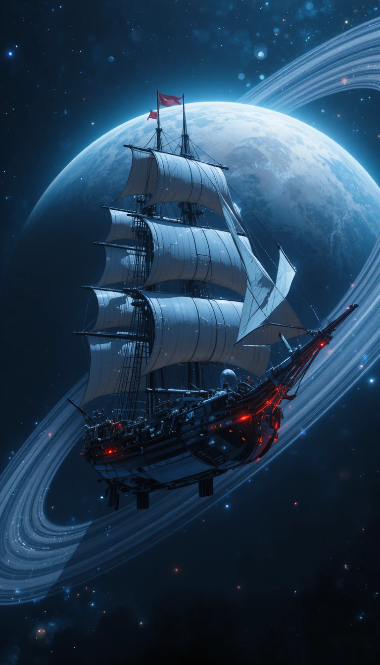 Futuristic cyber sail frigate near the rings of Saturn