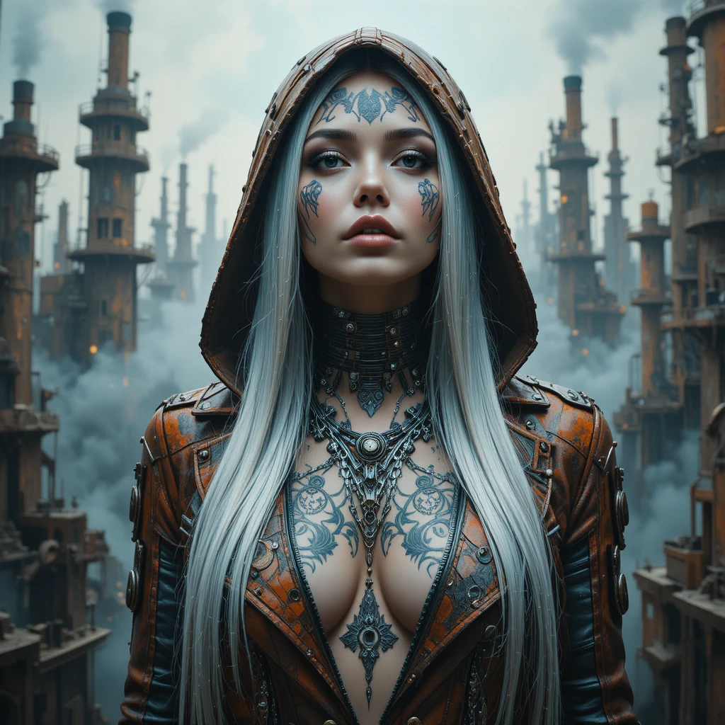 Cybernetic woman before a vast steampunk mechanical city