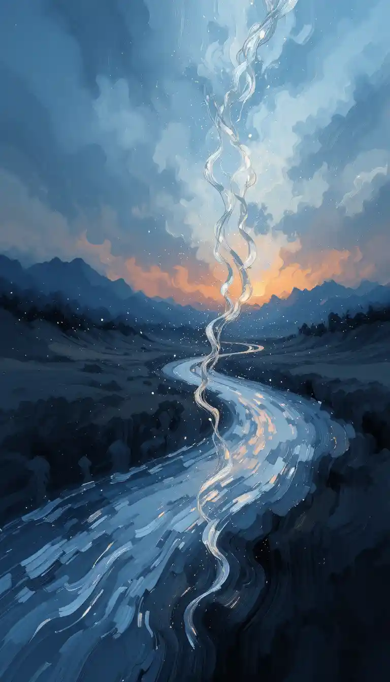 Impressionist twilight landscape in soft blue and silver tones