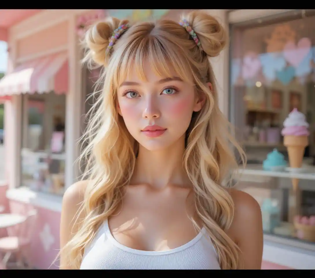 Blonde girl in white tank top at pink ice cream shop