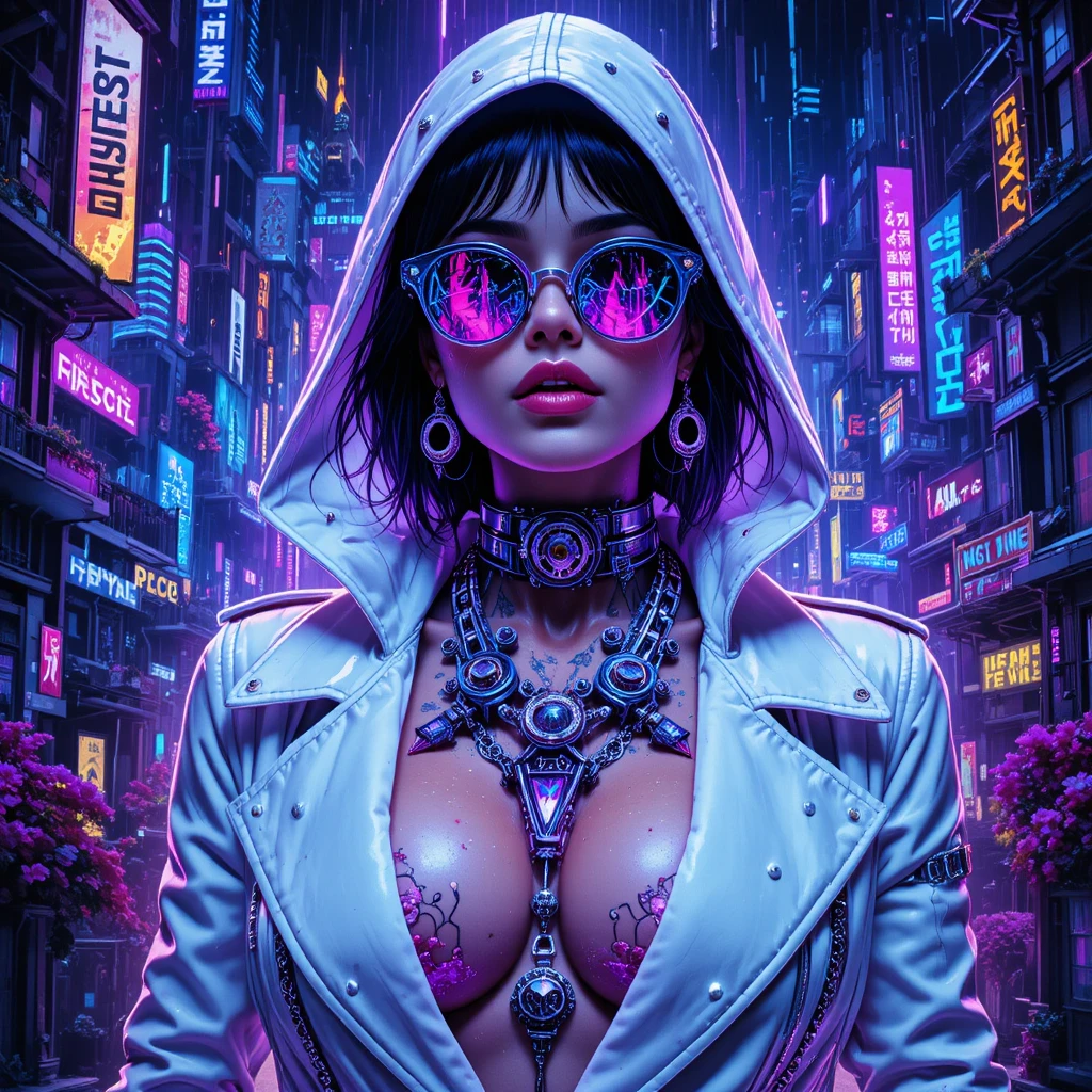 Cyberpunk femme fatale in neon drenched close up portrait