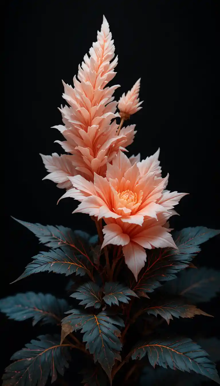 Fantasy peach flowers with neon veined leaves on black