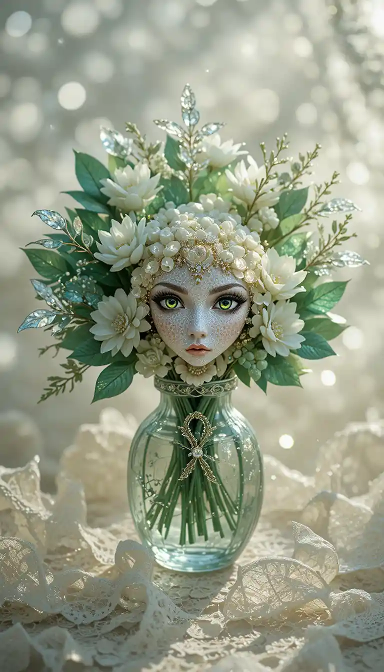 Crystal lace bouquet with emerald leaves in radiant sunlight