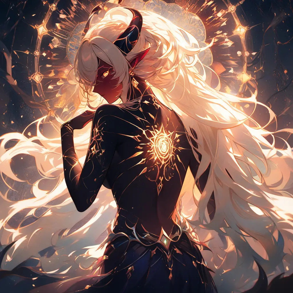 Fantasy tiefling woman showing an intricate back tattoo