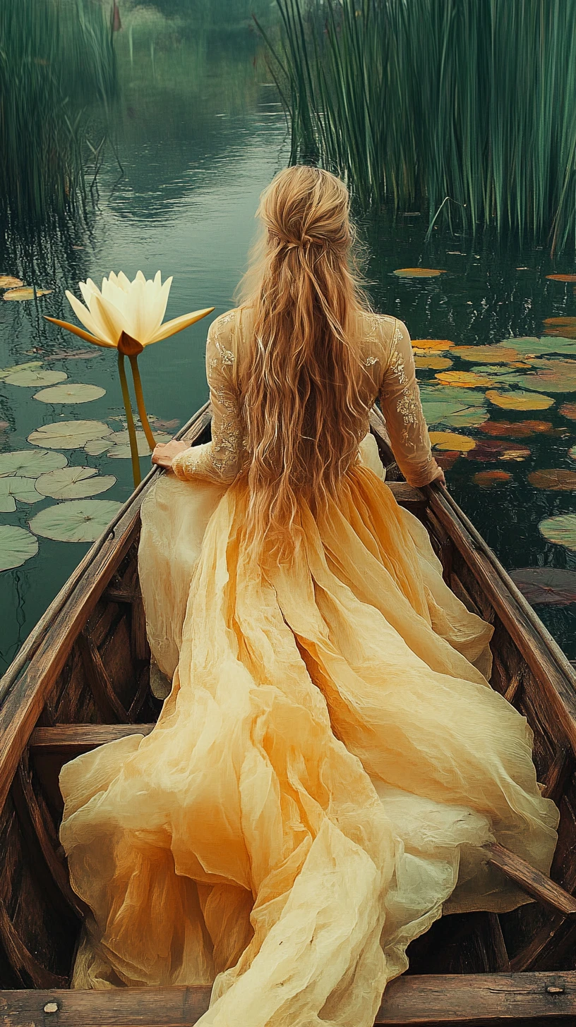 Woman in golden gown alone in a boat on still water