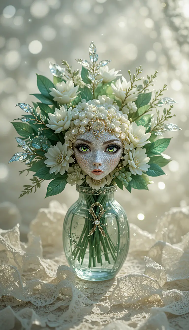 Crystal lace bouquet with emerald leaves in radiant sunlight