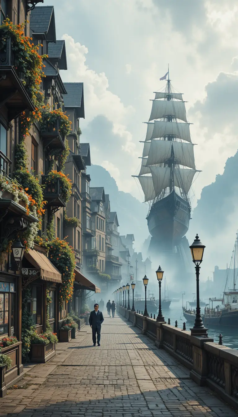 Steampunk city waterfront with sailing ship in soft fog
