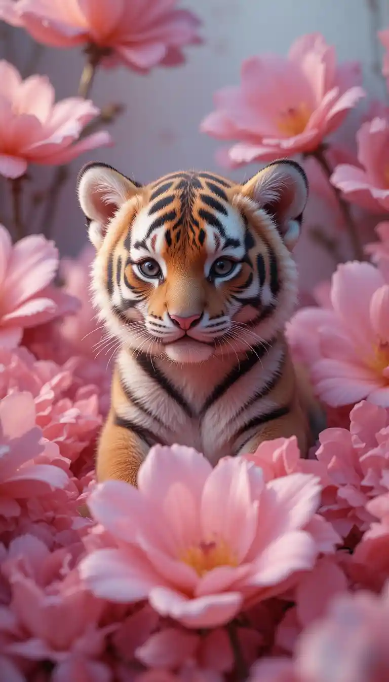 Cute tiger cub nestled in soft pink flower petals
