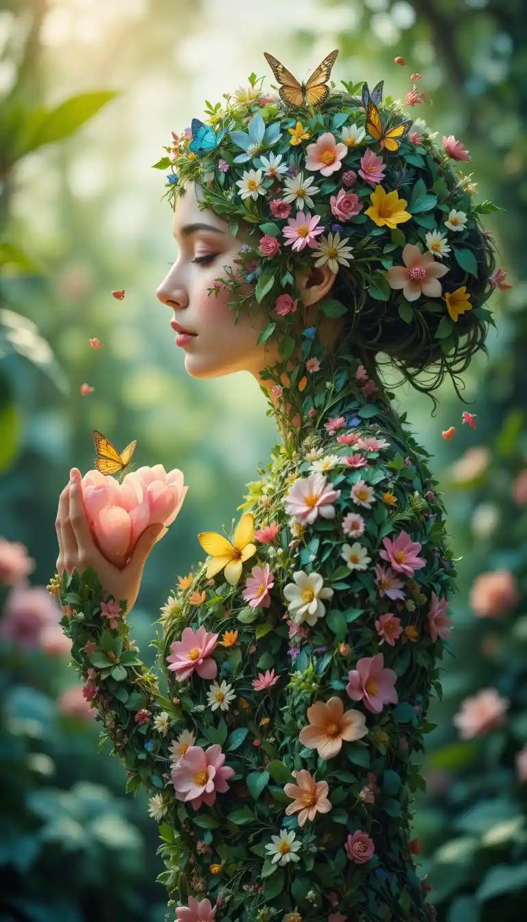 Floral fantasy woman in profile holding a petal heart
