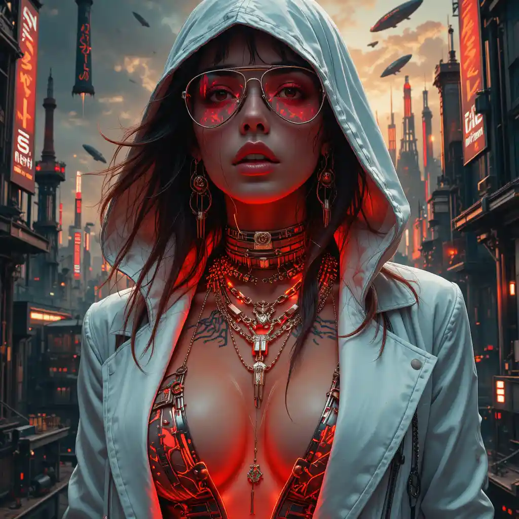 Cyberpunk femme fatale portrait with neon circuitry tattoos