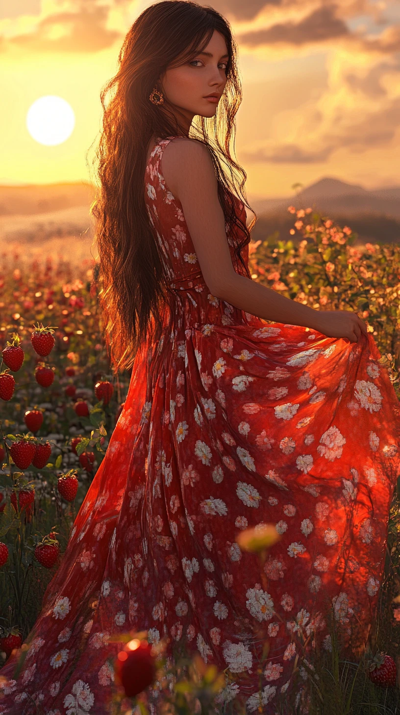Woman in red strawberry dress at summer sunset landscape