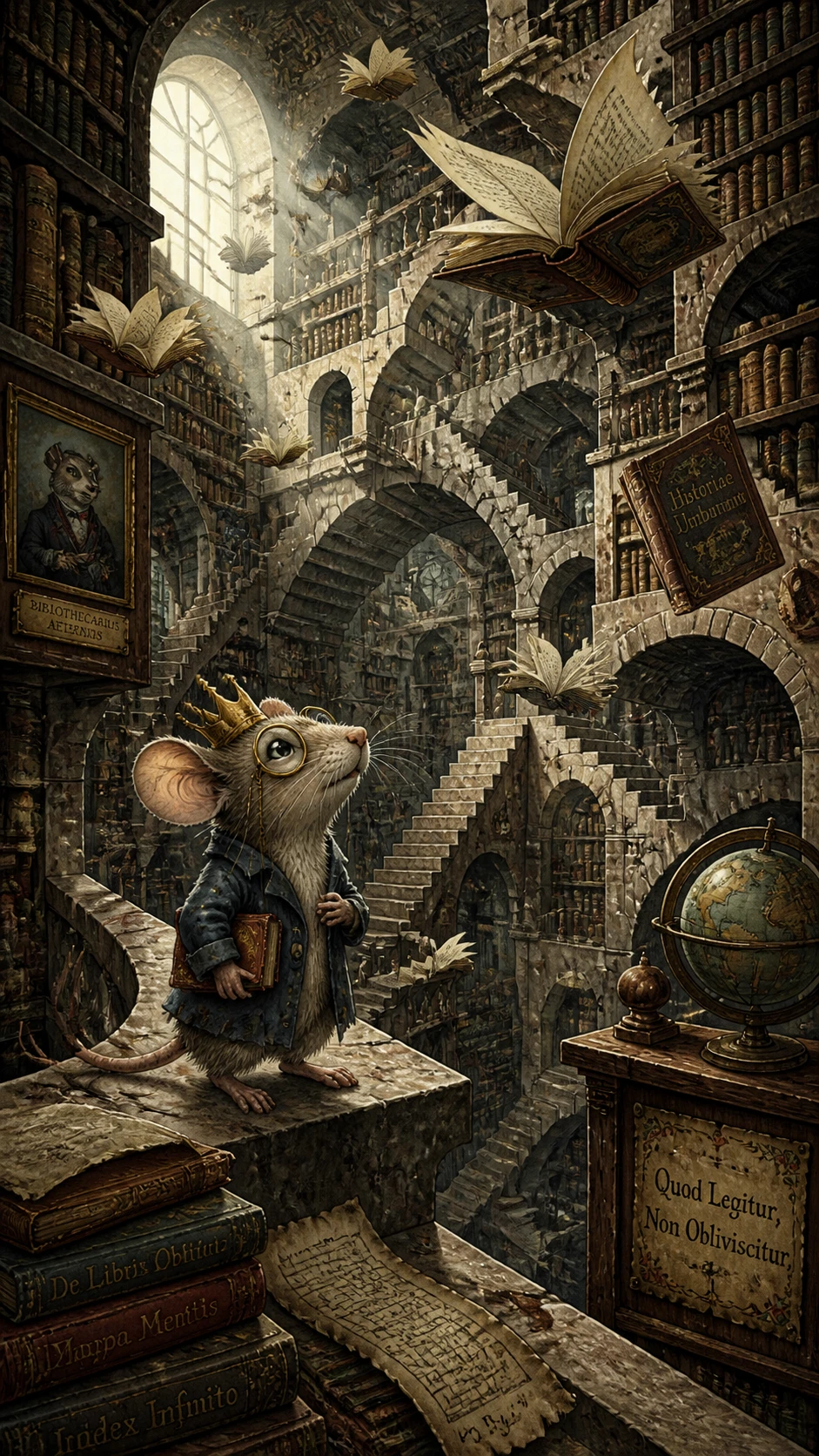 Curious mouse exploring a surreal labyrinth library with flying books