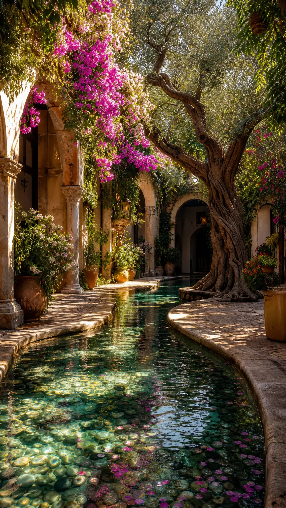Luce dell’ora d’oro su una piscina serpeggiante in un cortile mediterraneo